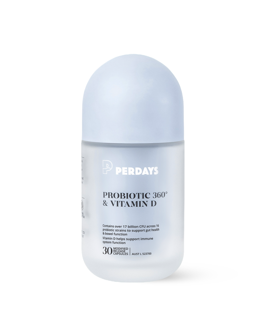 Perdays Probiotic 360 & Vitamin D supplement bottle on a white background