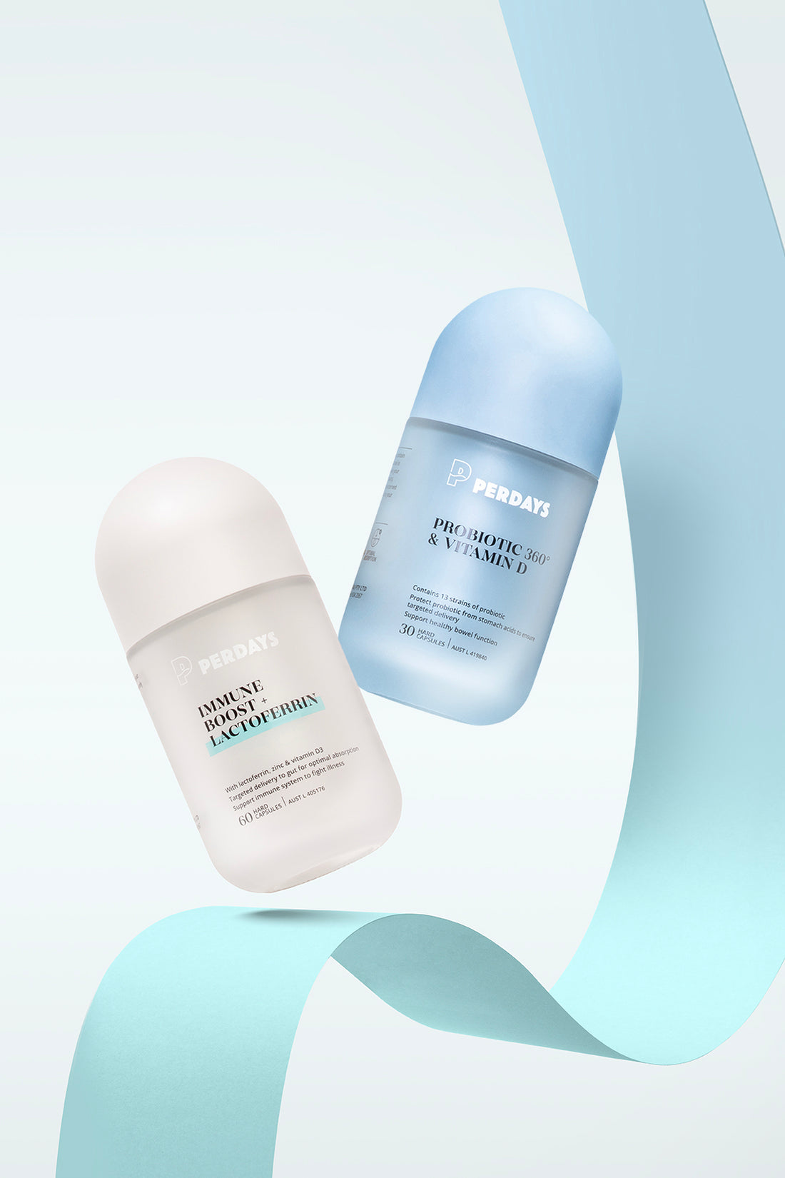 Two bottles with text on a light blue background