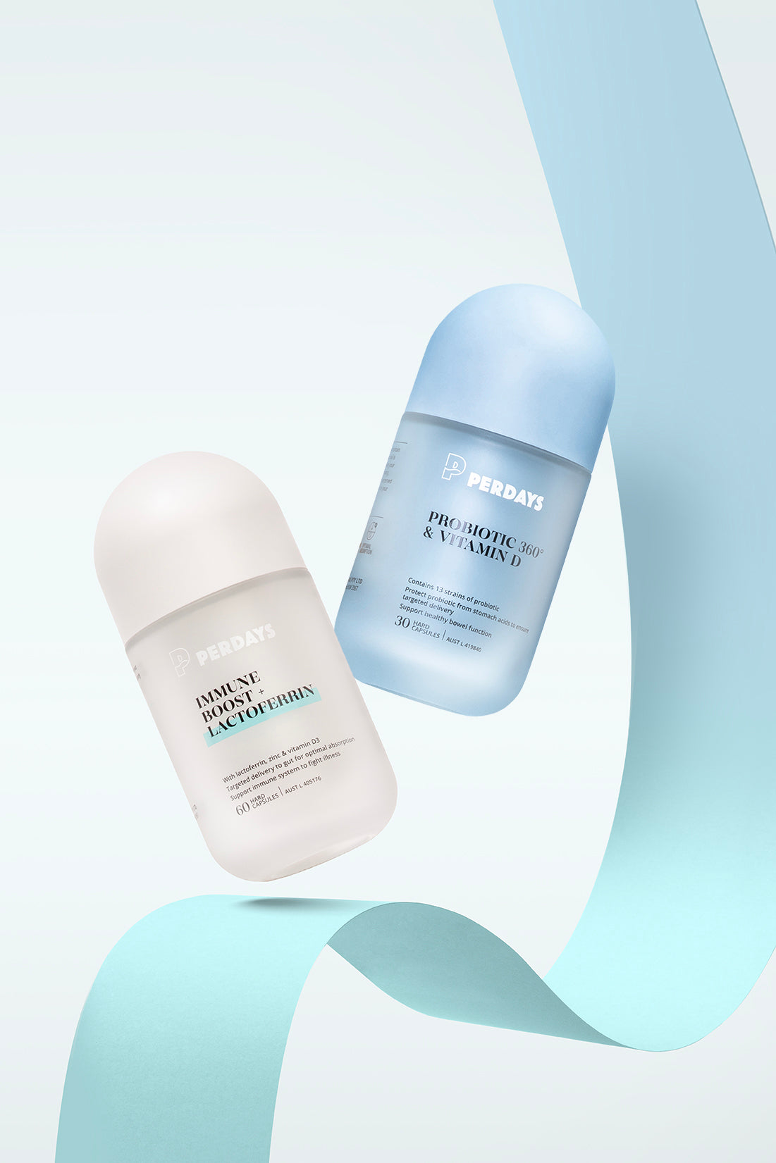 Two bottles with text on a light blue background